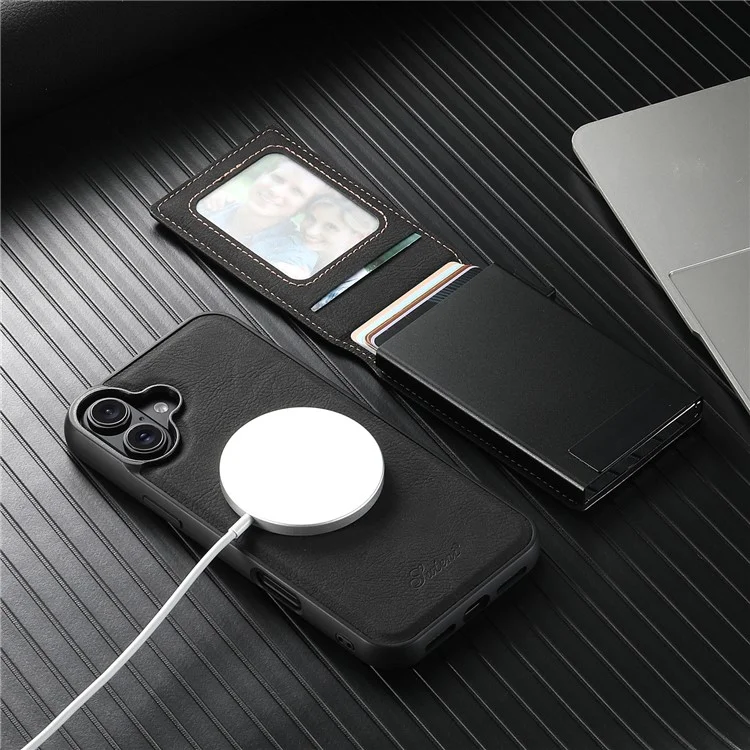 SUTENI H19 For iPhone 16 Magnetic Case Card Holder Kickstand Litchi Texture Leather Back Cover - Black