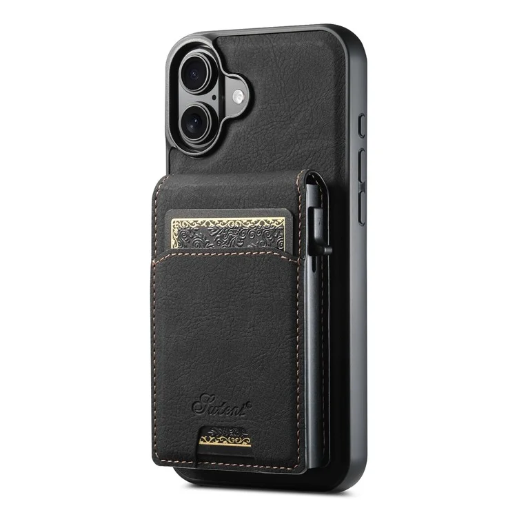 SUTENI H19 For iPhone 16 Magnetic Case Card Holder Kickstand Litchi Texture Leather Back Cover - Black
