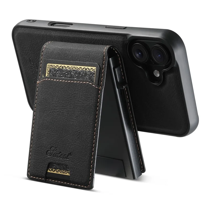 SUTENI H19 For iPhone 16 Magnetic Case Card Holder Kickstand Litchi Texture Leather Back Cover - Black