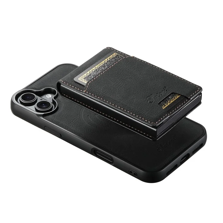 SUTENI H19 For iPhone 16 Magnetic Case Card Holder Kickstand Litchi Texture Leather Back Cover - Black
