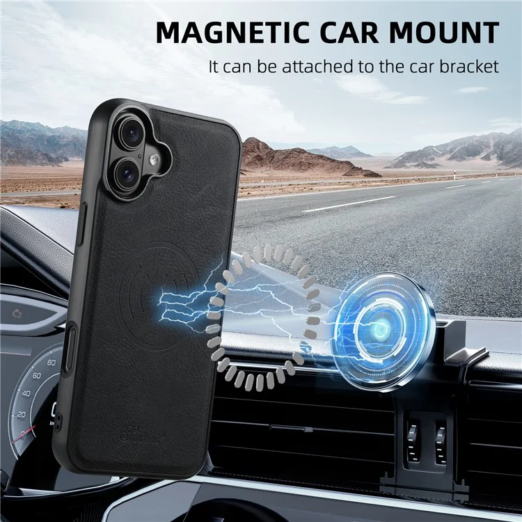 SUTENI H19 For iPhone 16 Magnetic Case Card Holder Kickstand Litchi Texture Leather Back Cover - Black
