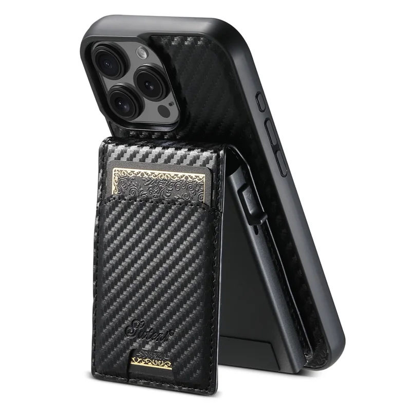 SUTENI H19 Magnetisches Gehäuse für iPhone 16 Pro Max mit Kartenhalter, Karbon-Faser-Textur und Leder-Rückseite
