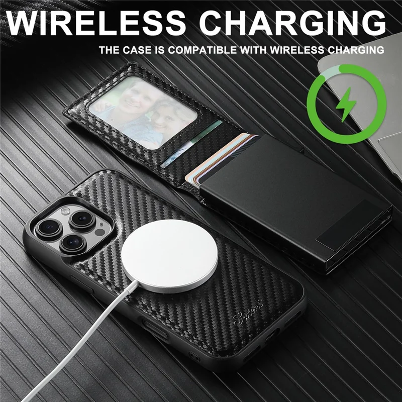 SUTENI H19 Magnetisches Gehäuse für iPhone 16 Pro Max mit Kartenhalter, Karbon-Faser-Textur und Leder-Rückseite