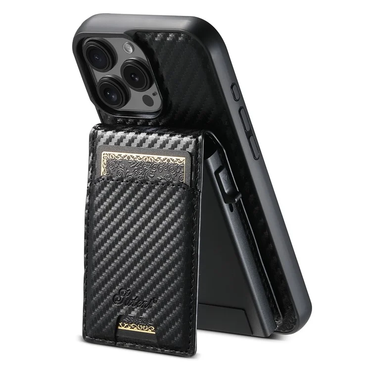 SUTENI H19 For iPhone 16 Pro Magnetic Case Carbon Fiber Texture Leather Back Cover with Card Bag