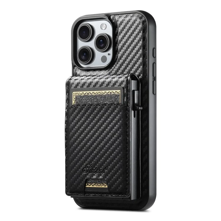 SUTENI H19 For iPhone 16 Pro Magnetic Case Carbon Fiber Texture Leather Back Cover with Card Bag