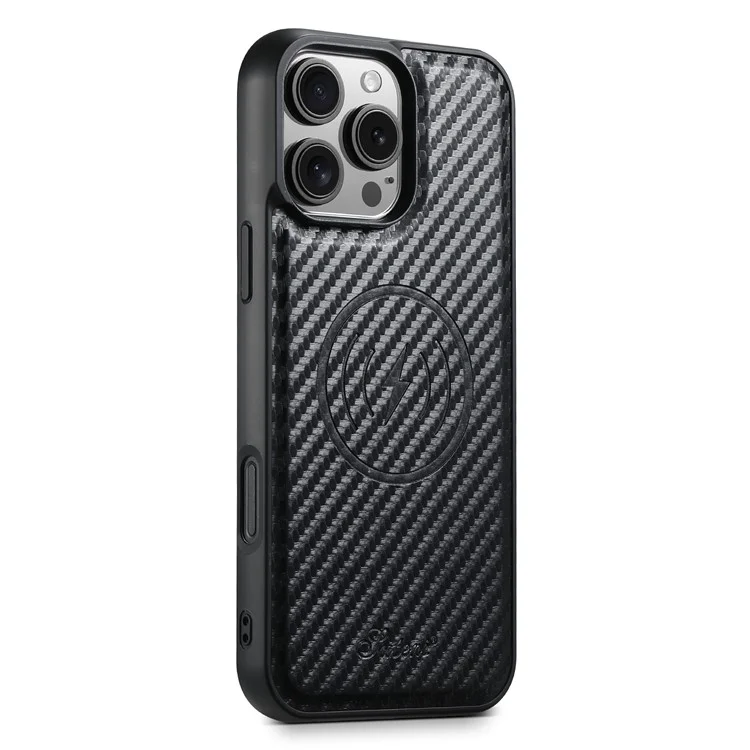 SUTENI H19 For iPhone 16 Pro Magnetic Case Carbon Fiber Texture Leather Back Cover with Card Bag