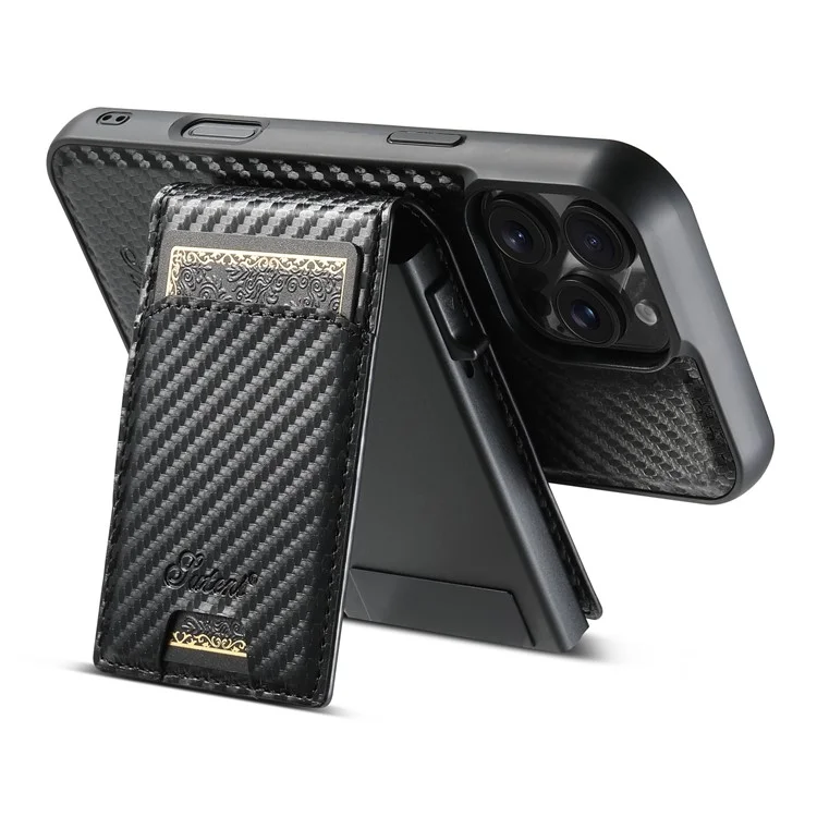 SUTENI H19 For iPhone 16 Pro Magnetic Case Carbon Fiber Texture Leather Back Cover with Card Bag