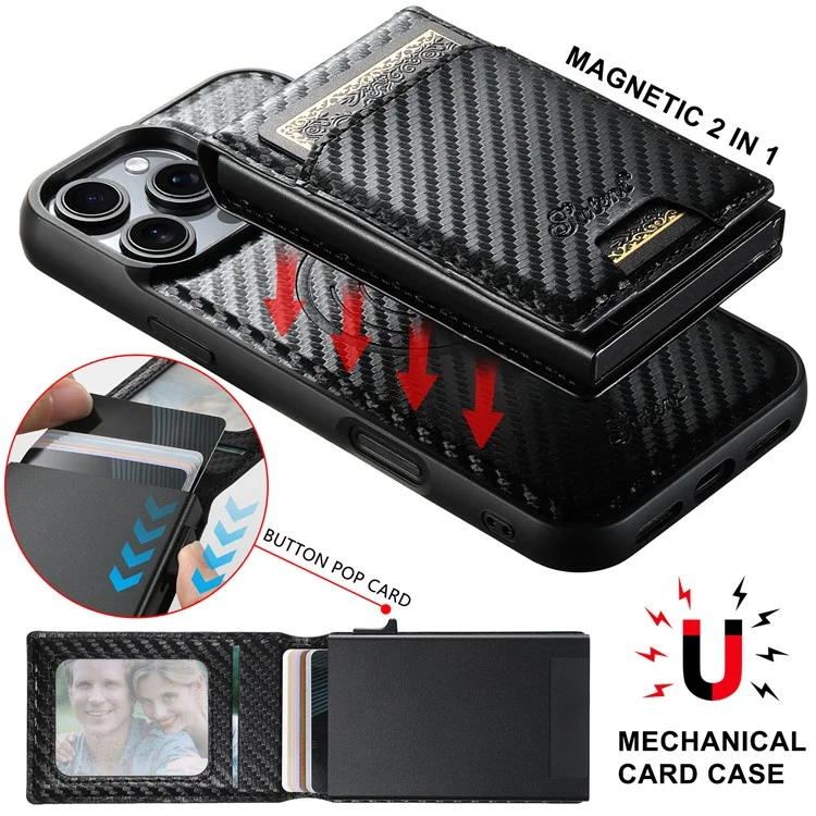 SUTENI H19 For iPhone 16 Pro Magnetic Case Carbon Fiber Texture Leather Back Cover with Card Bag