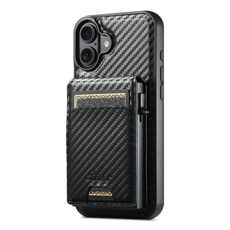 Capa magnética SUTENI H19 para iPhone 16 Plus, com textura de fibra de carbono e couro, com bolsa para cartão.