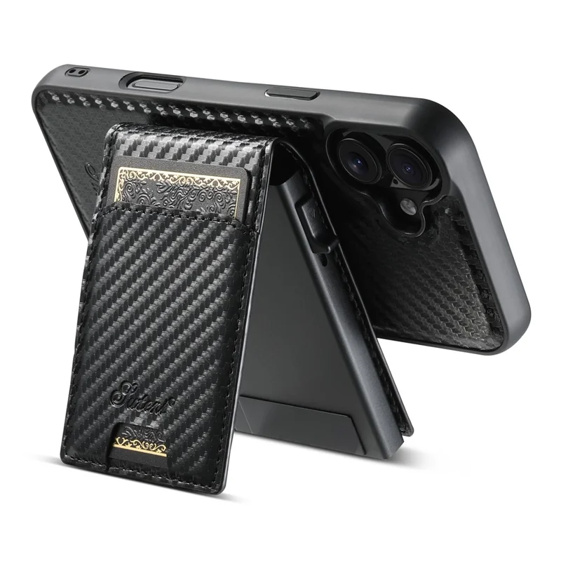 Capa magnética SUTENI H19 para iPhone 16 Plus, com textura de fibra de carbono e couro, com bolsa para cartão.