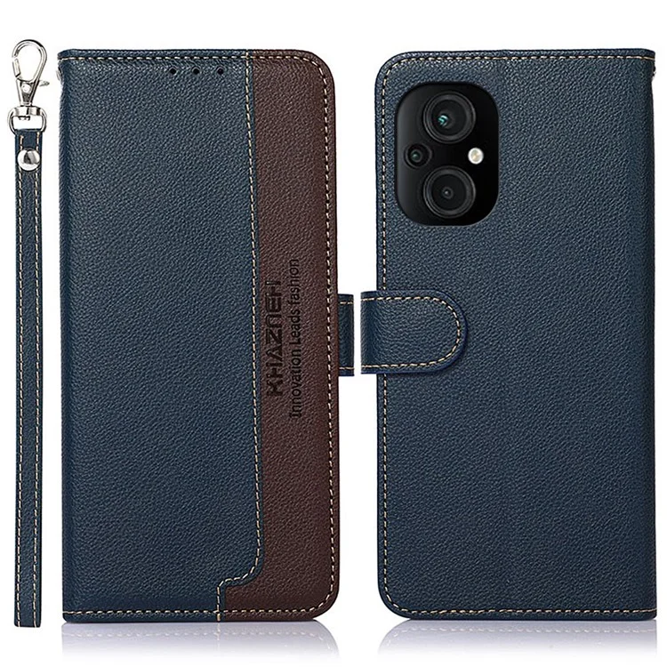 KHAZNEH Per Xiaomi Poco M5 4G / 5G RFID Blocking Phone Case Litchi Texture PU Leather Anti-scratch Stand Wallet Cover - Blu