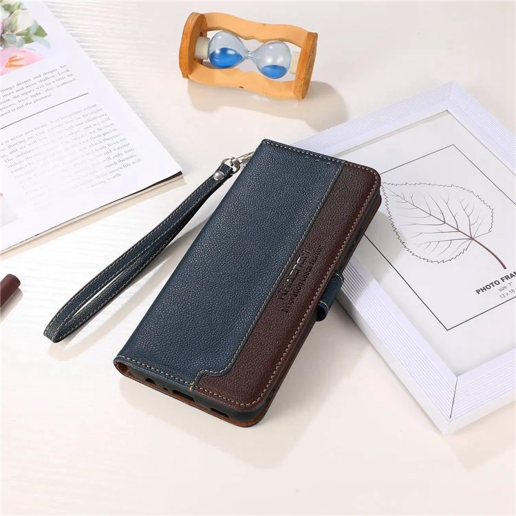 KHAZNEH Per Xiaomi Poco M5 4G / 5G RFID Blocking Phone Case Litchi Texture PU Leather Anti-scratch Stand Wallet Cover - Blu