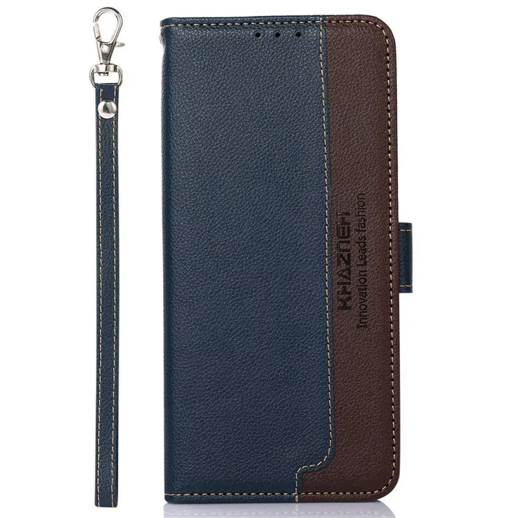KHAZNEH Per Xiaomi Poco M5 4G / 5G RFID Blocking Phone Case Litchi Texture PU Leather Anti-scratch Stand Wallet Cover - Blu