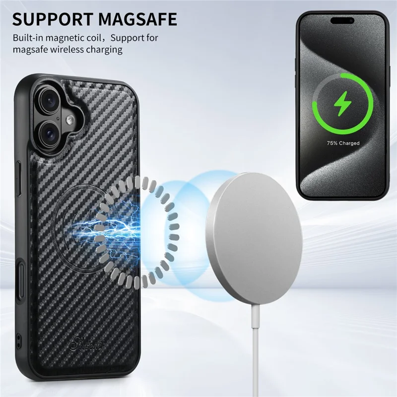 SUTENI H19 For iPhone 16 Magnetic Case Carbon Fiber Texture Leather Back Cover with Card Bag