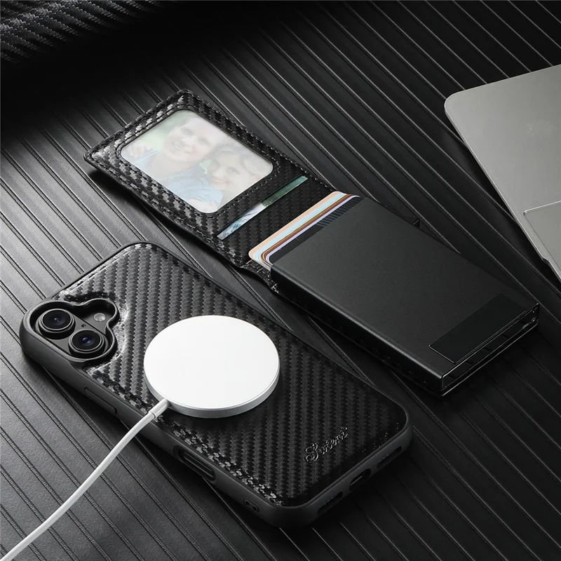 SUTENI H19 For iPhone 16 Magnetic Case Carbon Fiber Texture Leather Back Cover with Card Bag