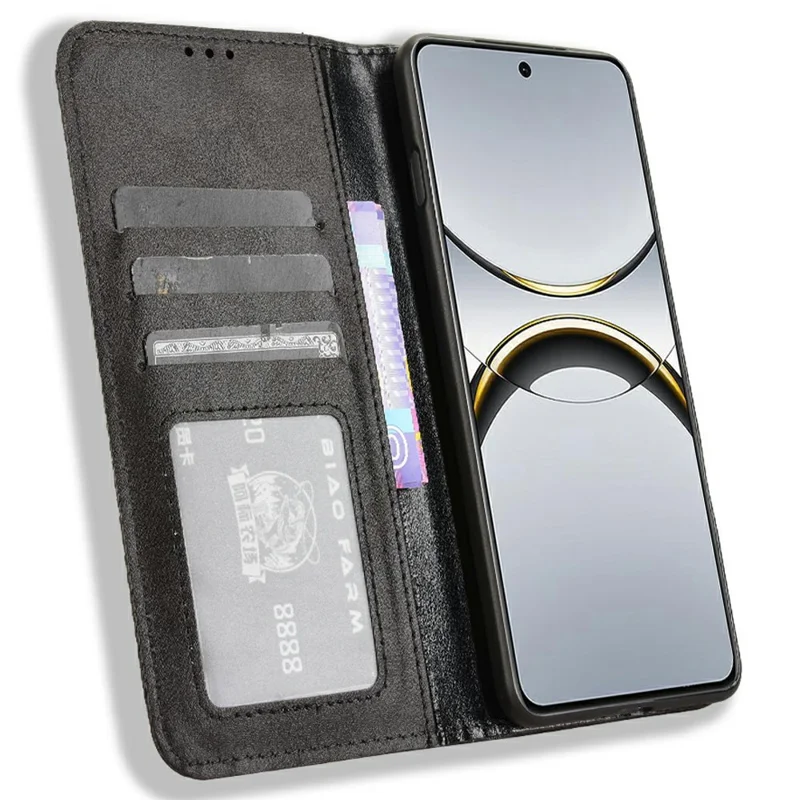 جراب جلد لجهاز Oppo Find X8 Pro 5G مع محفظة وحامل وملمس ريترو - أسود