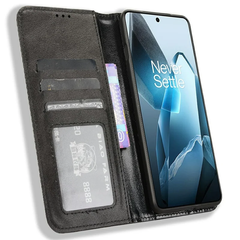 For OnePlus 13 Leather Case Wallet Stand Retro Texture Phone Cover - Black