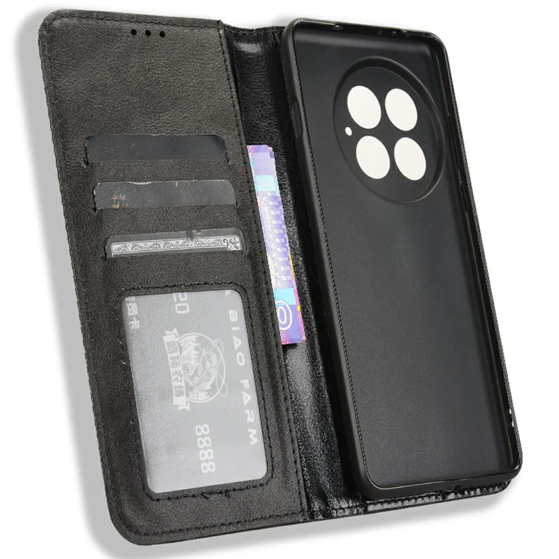 For OnePlus 13 Leather Case Wallet Stand Retro Texture Phone Cover - Black