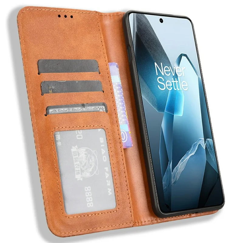 For OnePlus 13 Leather Case Wallet Stand Retro Texture Phone Cover - Brown