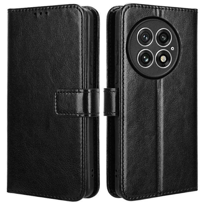 غطاء لهاتف OnePlus 13 بتصميم جلد الحصان المميز، غطاء محفظة من جلد PU - أسود