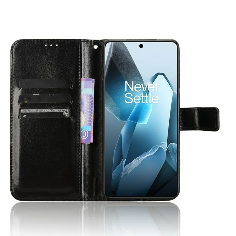 غطاء لهاتف OnePlus 13 بتصميم جلد الحصان المميز، غطاء محفظة من جلد PU - أسود