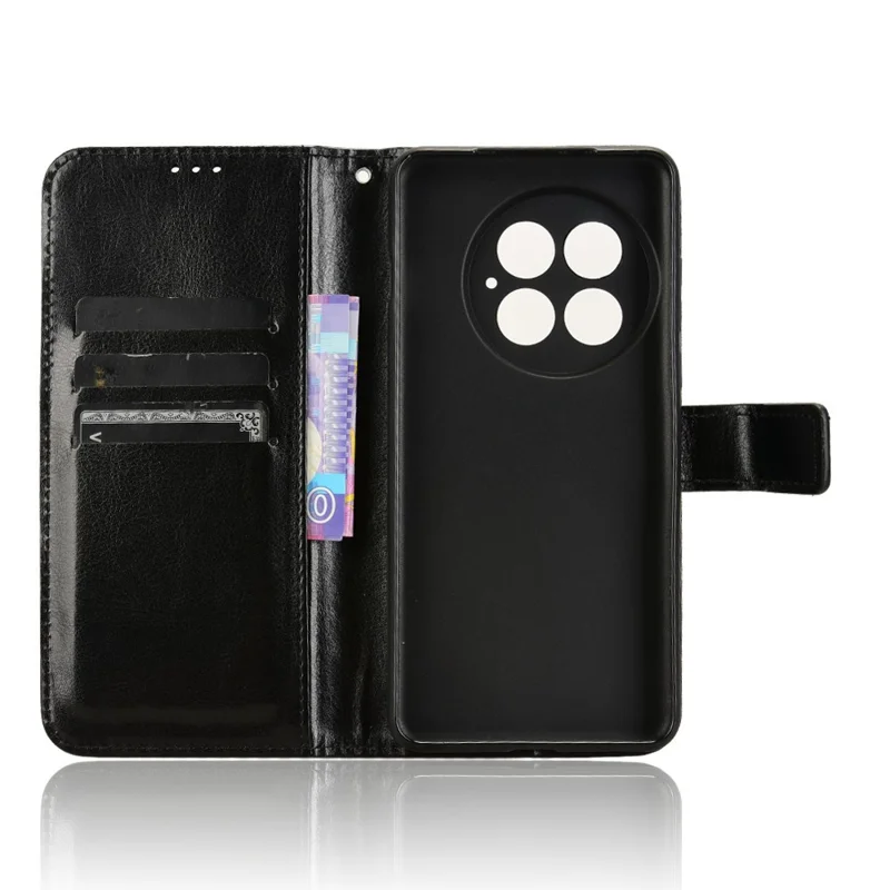 غطاء لهاتف OnePlus 13 بتصميم جلد الحصان المميز، غطاء محفظة من جلد PU - أسود