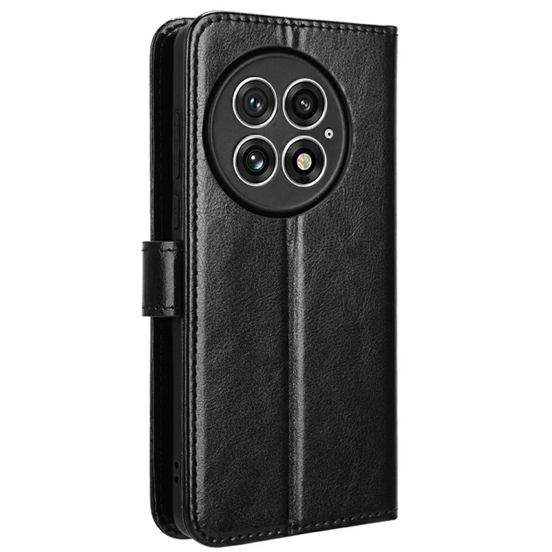 غطاء لهاتف OnePlus 13 بتصميم جلد الحصان المميز، غطاء محفظة من جلد PU - أسود