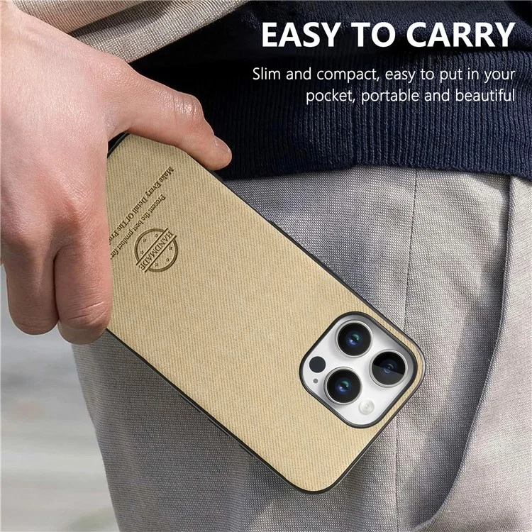 For iPhone 16 Pro Max Case Cloth Texture Leather+PC+TPU Anti-Drop Phone Cover - Khaki