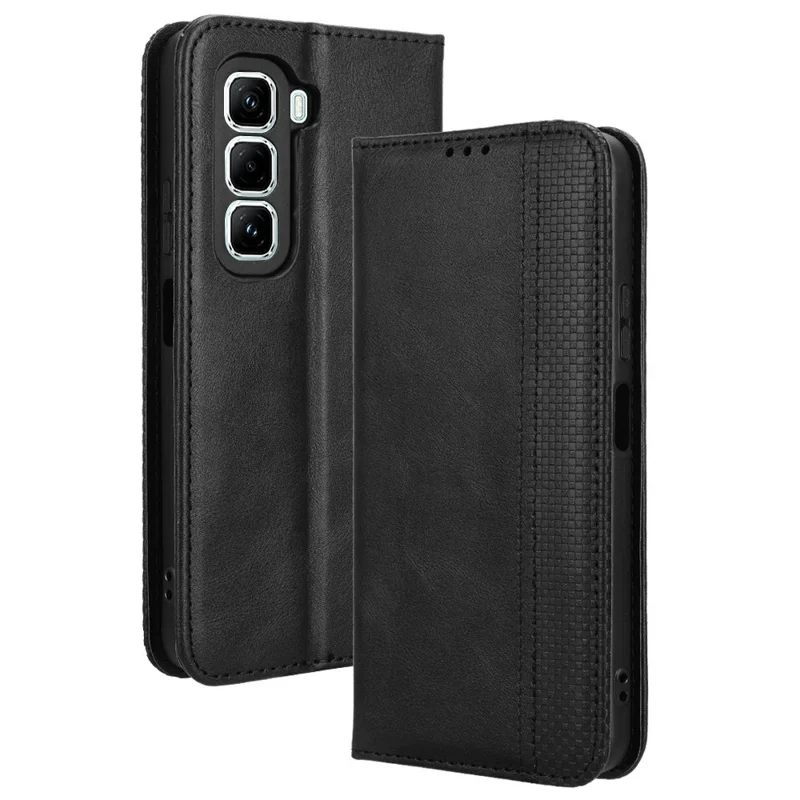 For Infinix Hot 50 Pro 4G X6881 Leather Case Wallet Stand Retro Texture Phone Cover - Black