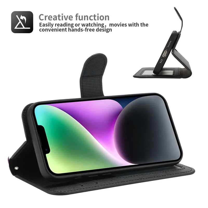 For iPhone 14 Cross Texture Wallet Stand Leather Protective Cover Detachable TPU Back Case - Black