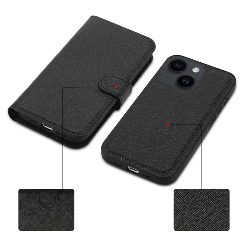 For iPhone 14 Cross Texture Wallet Stand Leather Protective Cover Detachable TPU Back Case - Black