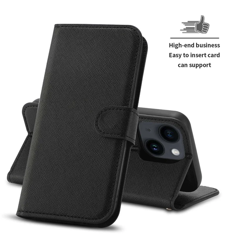For iPhone 14 Plus Detachable TPU Back Case Cross Texture Wallet Stand PU Leather Shockproof Cover - Black