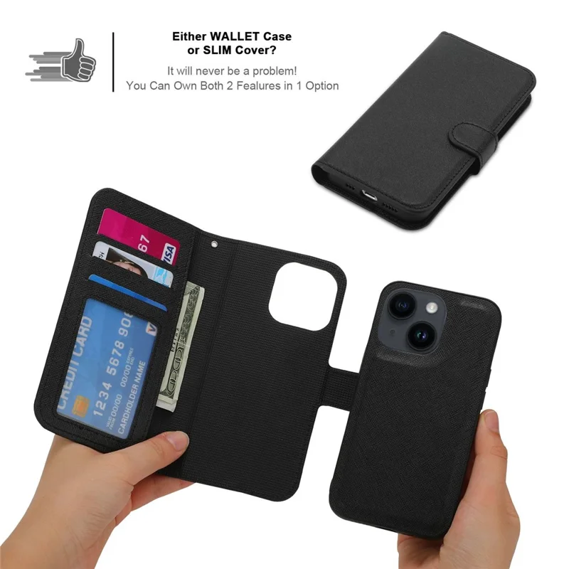 For iPhone 14 Plus Detachable TPU Back Case Cross Texture Wallet Stand PU Leather Shockproof Cover - Black