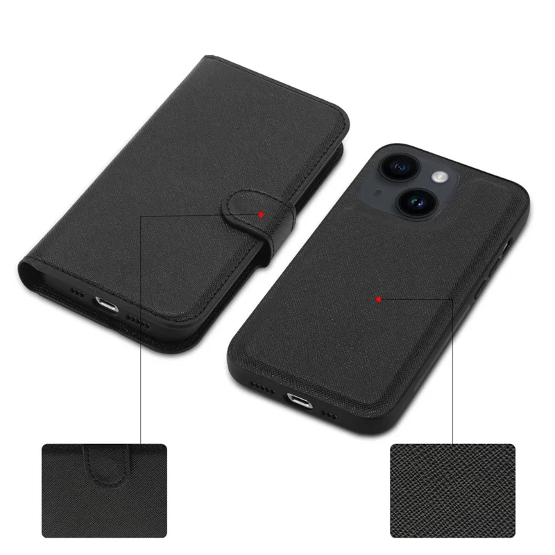 For iPhone 14 Plus Detachable TPU Back Case Cross Texture Wallet Stand PU Leather Shockproof Cover - Black