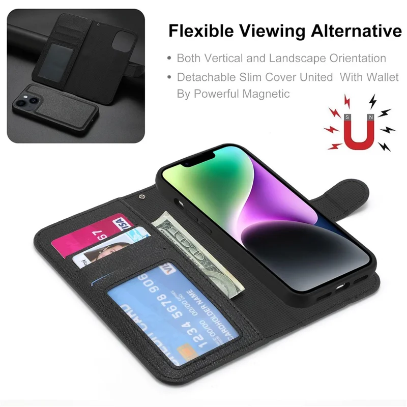 For iPhone 14 Plus Detachable TPU Back Case Cross Texture Wallet Stand PU Leather Shockproof Cover - Black
