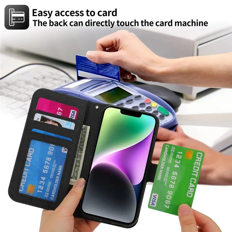 For iPhone 14 Plus Detachable TPU Back Case Cross Texture Wallet Stand PU Leather Shockproof Cover - Black