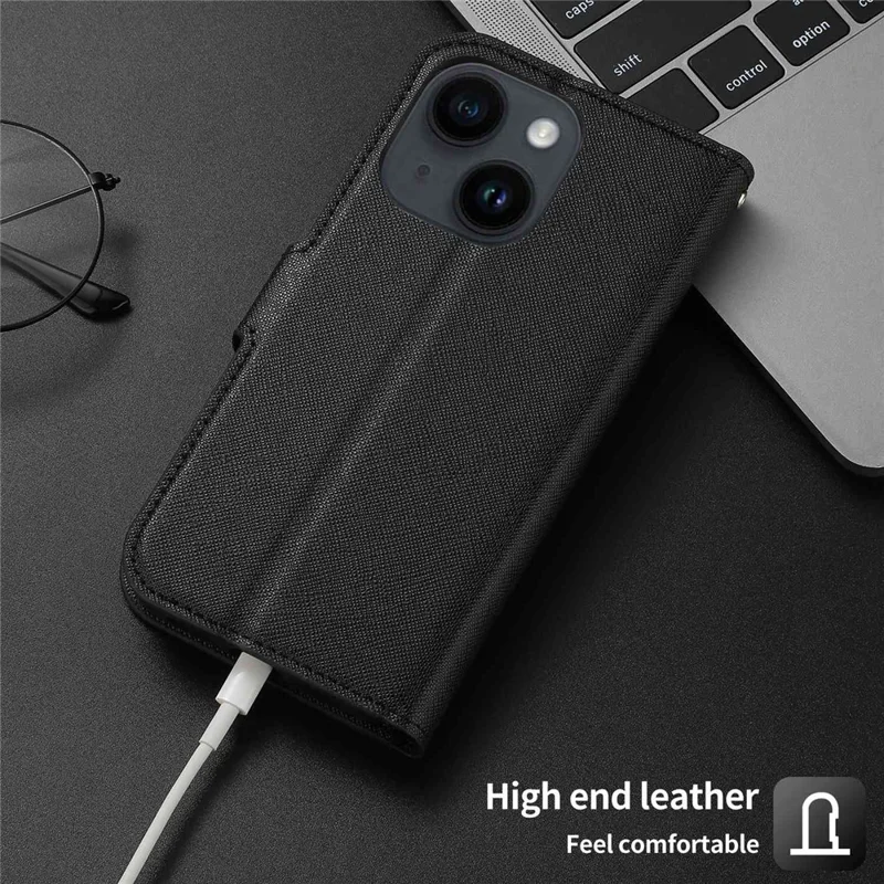 For iPhone 14 Plus Detachable TPU Back Case Cross Texture Wallet Stand PU Leather Shockproof Cover - Black