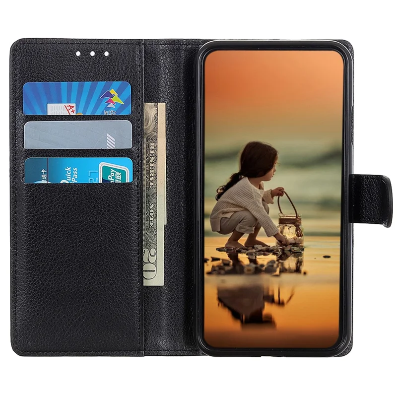 For Motorola Moto G75 5G Wallet Case PU Leather Phone Cover Litchi Texture - Black