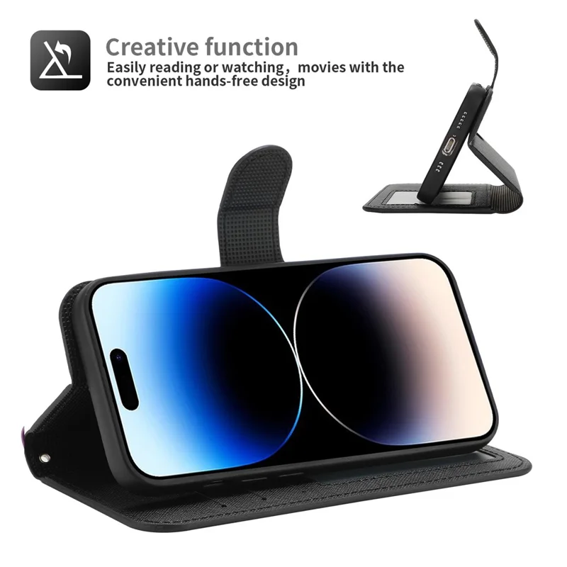 For iPhone 14 Pro Detachable TPU Back Case Cross Texture PU Leather Drop-proof Cover Flip Stand Wallet Shell - Black