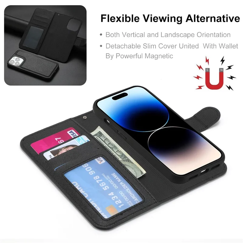 For iPhone 14 Pro Detachable TPU Back Case Cross Texture PU Leather Drop-proof Cover Flip Stand Wallet Shell - Black