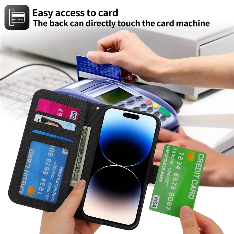 For iPhone 14 Pro Detachable TPU Back Case Cross Texture PU Leather Drop-proof Cover Flip Stand Wallet Shell - Black