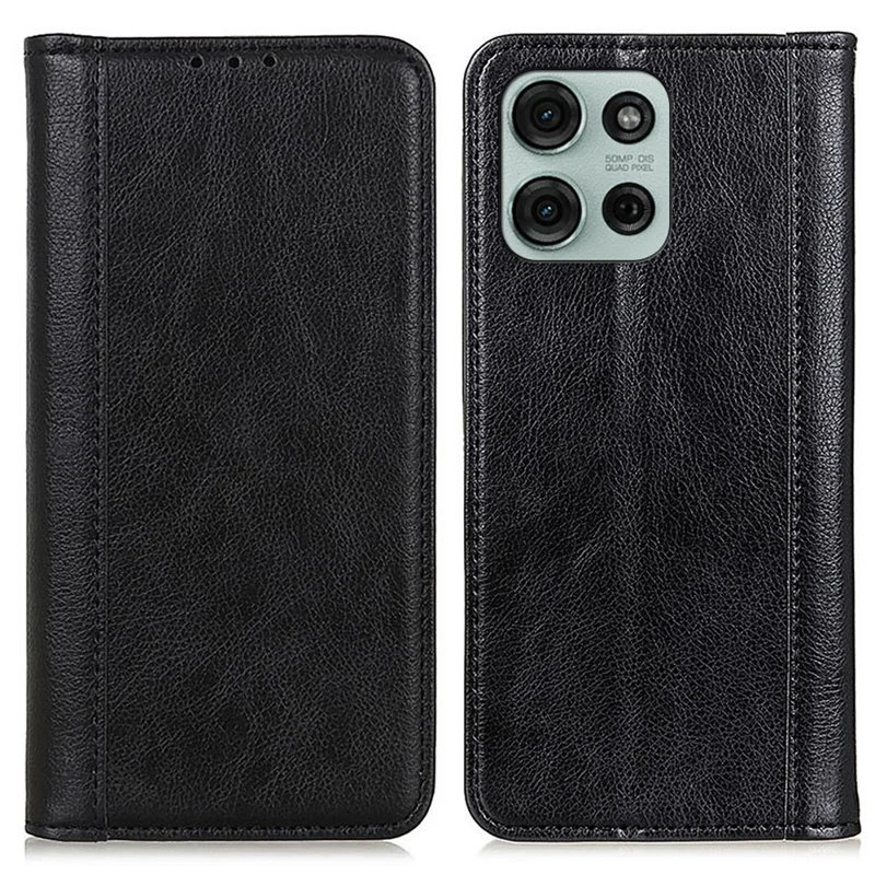 Étui de support pour Motorola Moto G75 5G en cuir fendu avec texture de litchi - Noir