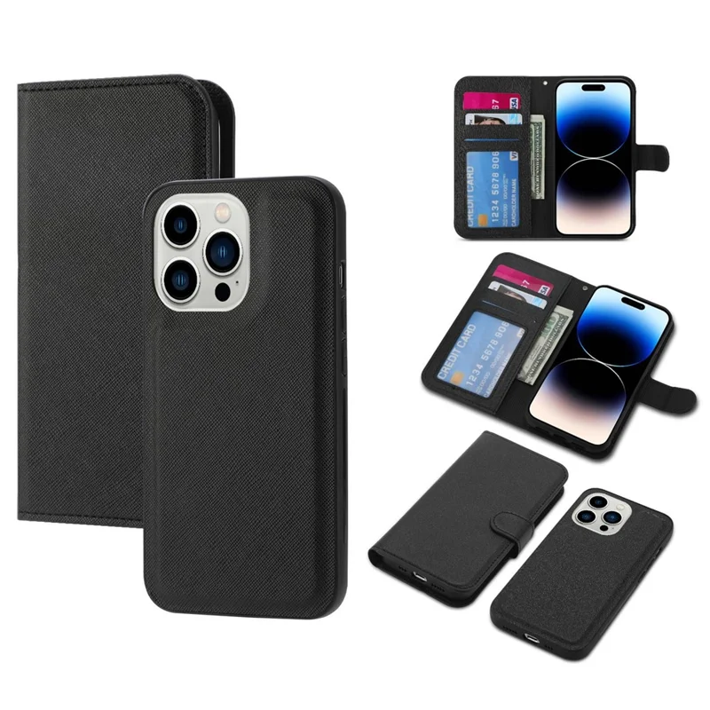 For iPhone 14 Pro Max Cross Texture Flodable Stand Leather Wallet Cover Detachable TPU Protective Case - Black