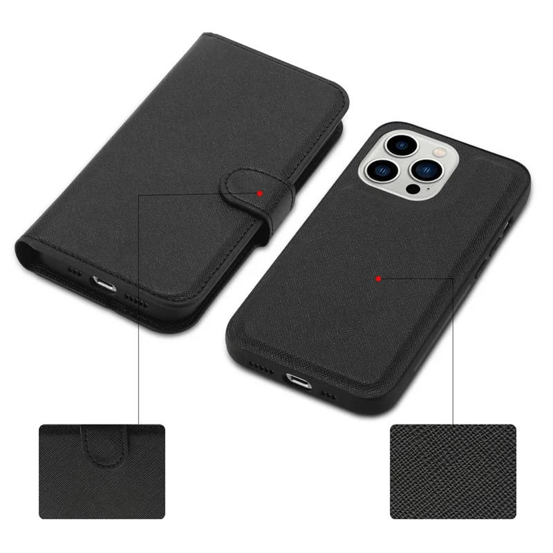 For iPhone 14 Pro Max Cross Texture Flodable Stand Leather Wallet Cover Detachable TPU Protective Case - Black