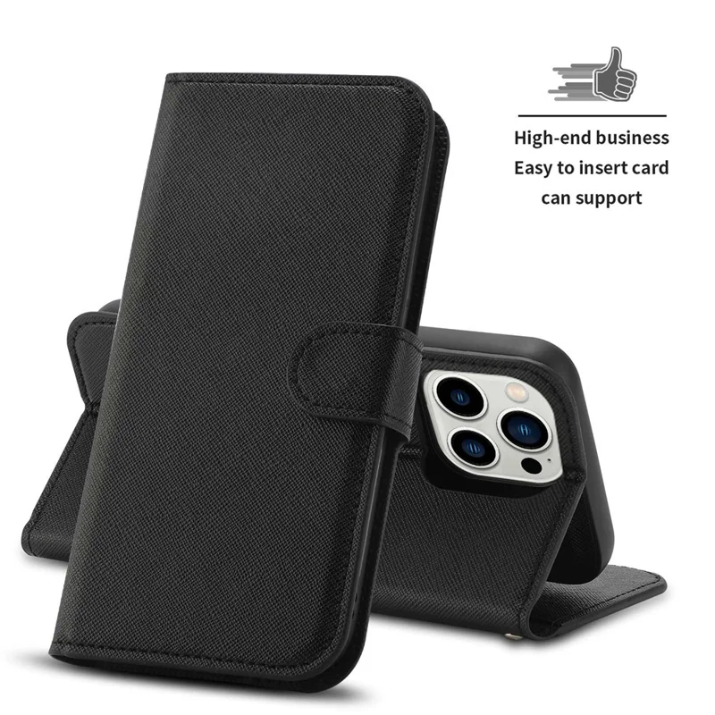 For iPhone 14 Pro Max Cross Texture Flodable Stand Leather Wallet Cover Detachable TPU Protective Case - Black