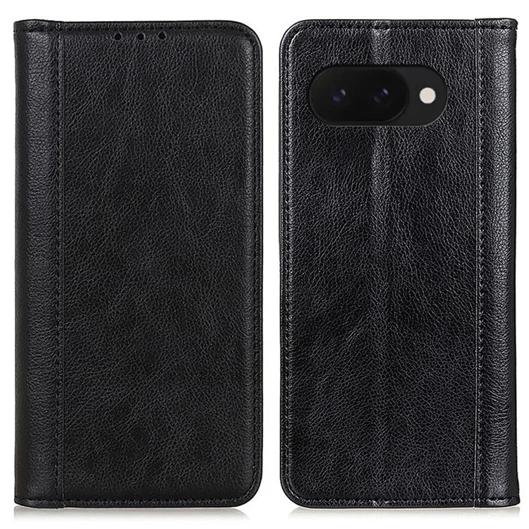 Étui de support pour Google Pixel 9a en cuir fendu, texture de litchi, housse de téléphone portefeuille - Noir