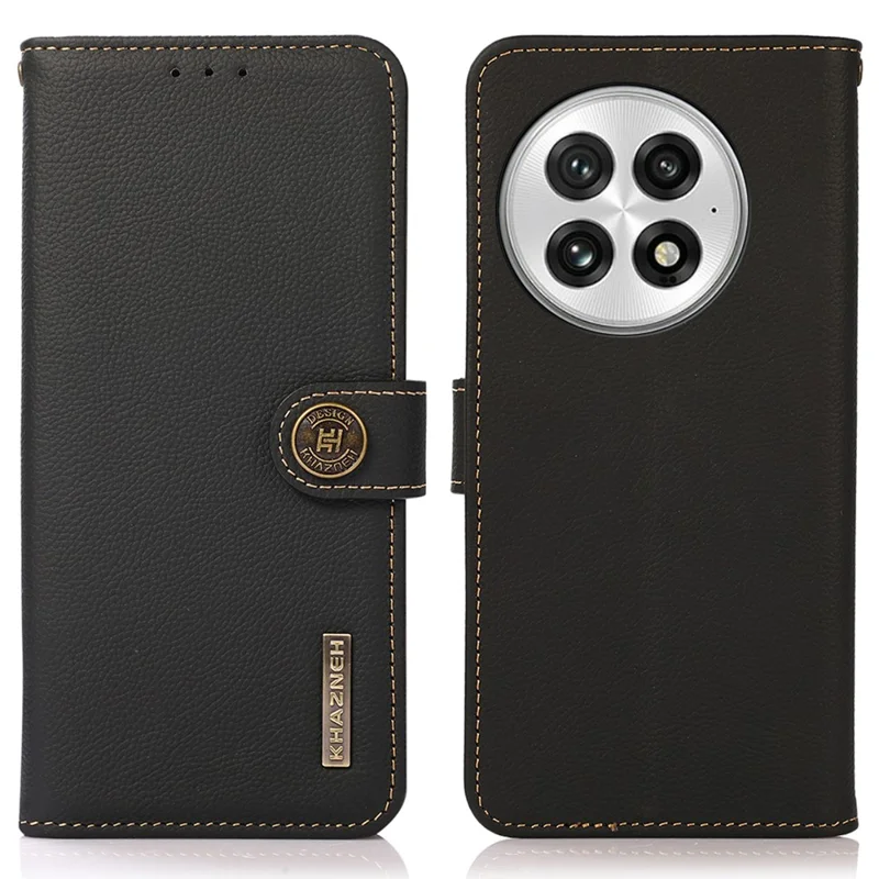 KHAZNEH Czarny etui portfelowe z prawdziwej skóry wołowej na OnePlus 13