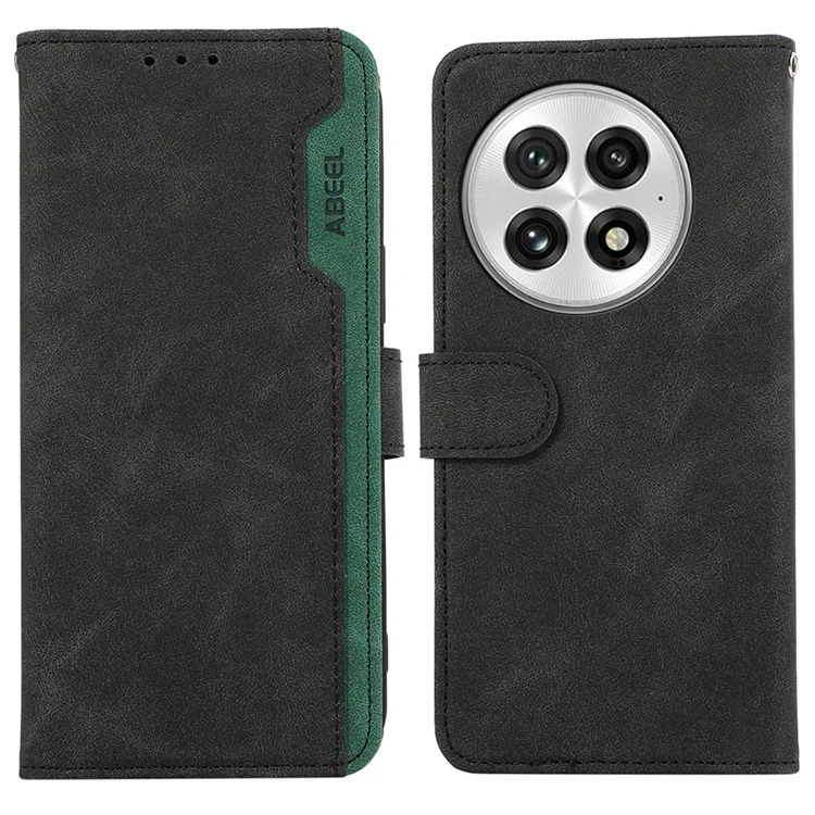 ABEEL Para OnePlus 13 Capa Cor Splicing Leather Flip Phone Cover RFID Blocking - Preto