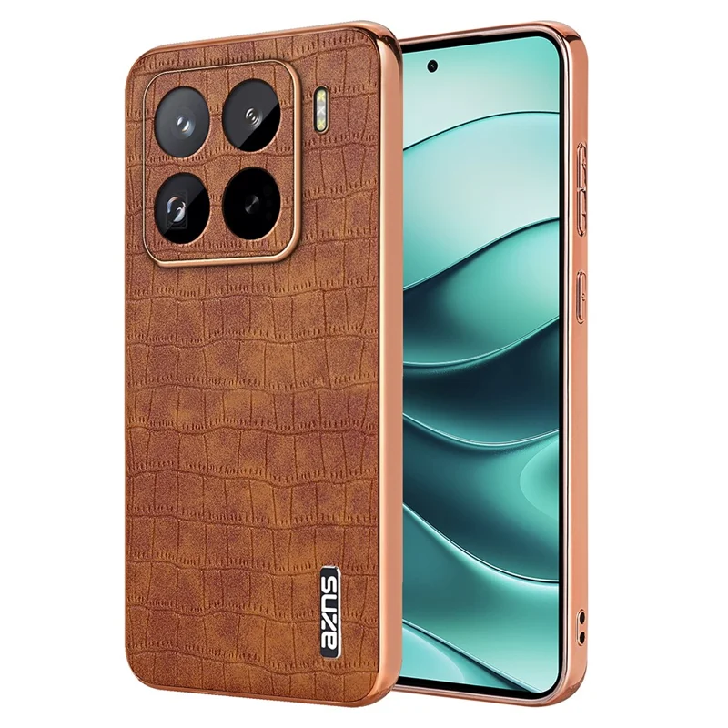 AZNS For Xiaomi 15 Pro Case Electroplating Crocodile Texture PU+TPU Phone Cover - Brown