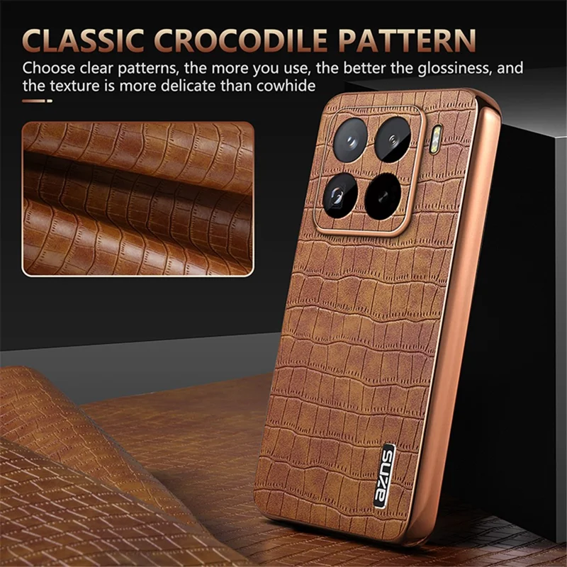 AZNS For Xiaomi 15 Pro Case Electroplating Crocodile Texture PU+TPU Phone Cover - Brown